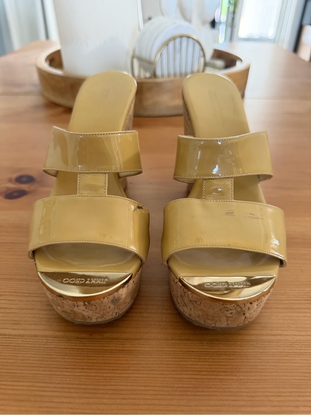 Jimmy Choo Yellow Patent Cork Platform Mules